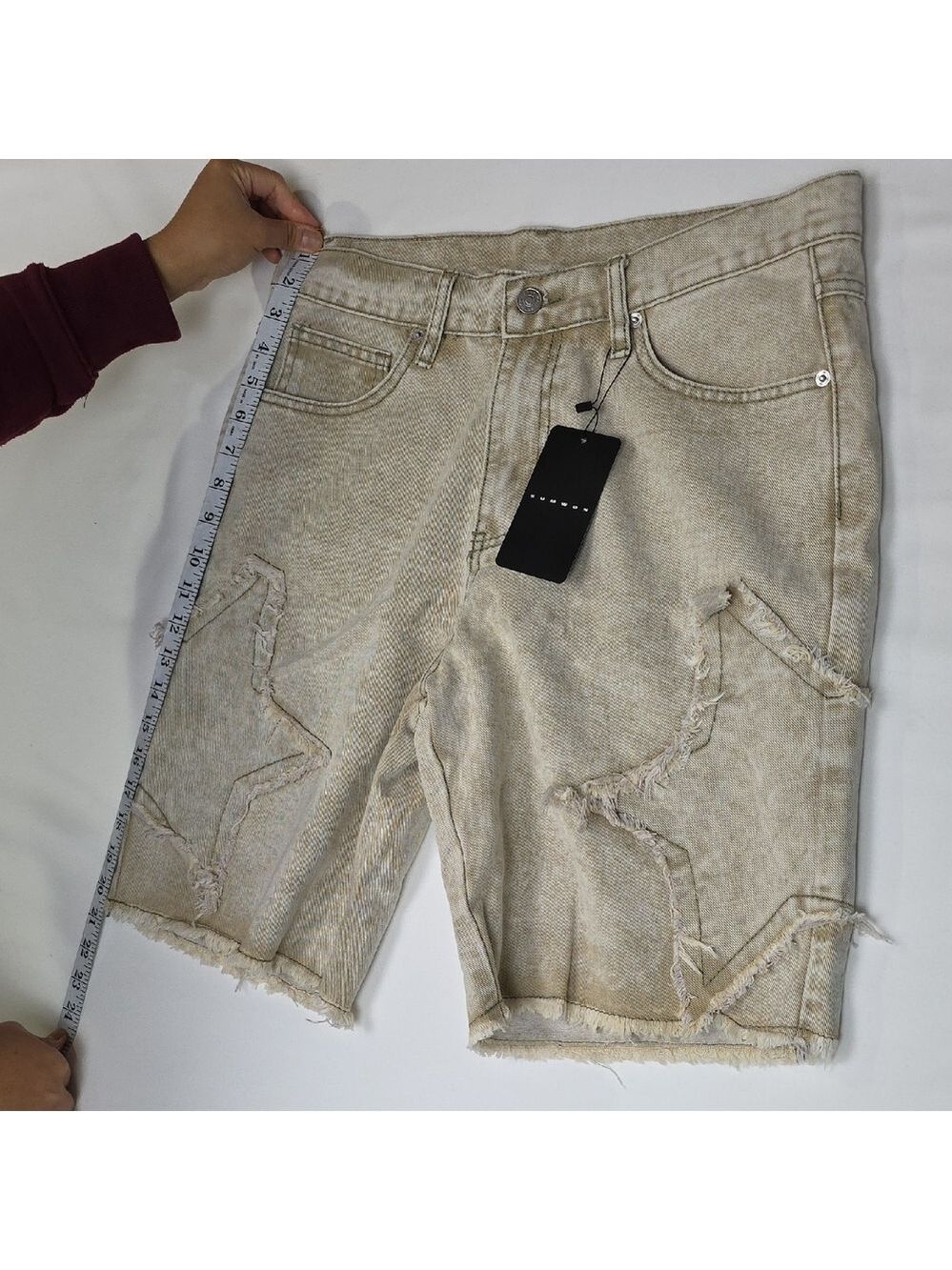 Beige Distressed Denim Shorts Medium